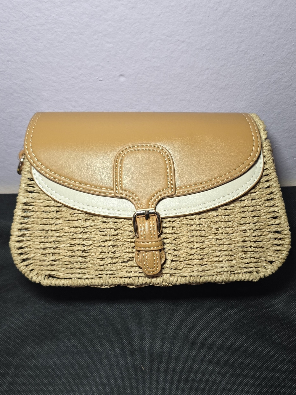 Woven Straw Crossbody Bag with Tan Leather Trim